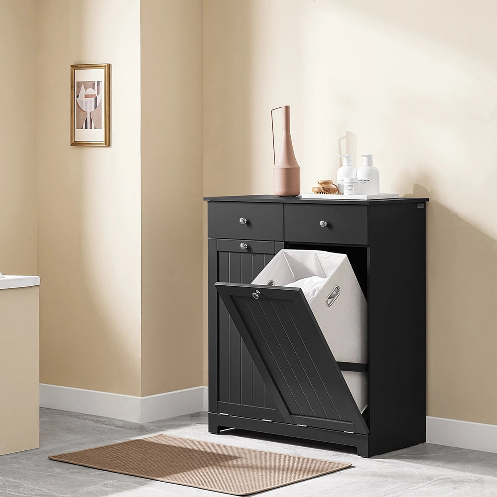 SoBuy BZR33-II-SCH Mobiletto bagno con portabiancheria - Mobile bagno salvaspazio con 2 cassetti e 2 sacchi estraibili - Mobiletto lavanderia per ingresso o cucina in MDF, Nero, 78x38x90cm
