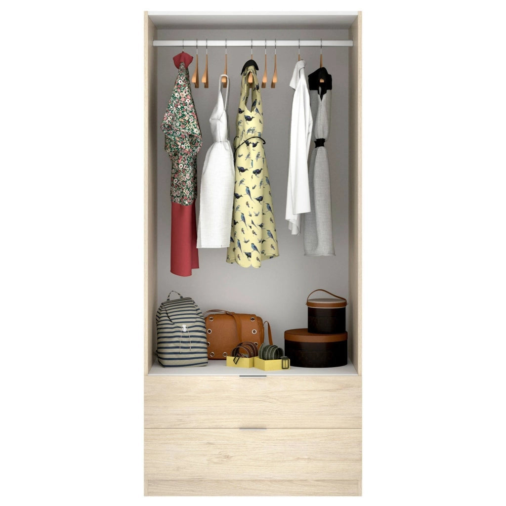 Guardaroba Anya, Mobile appendiabiti per camera da letto, Armadio a 2 ante battenti e 2 cassetti, 81x52h184 cm, Rovere