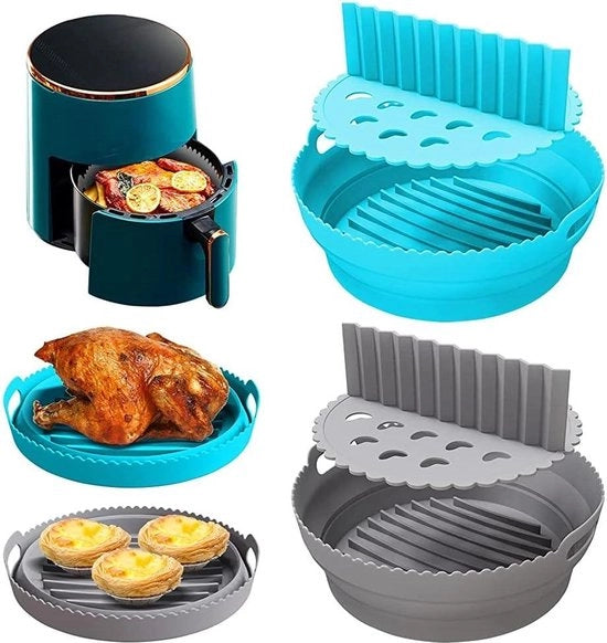 Set di Frittelle in Silicone per Air Fryer - 2 Pezzi - Grigio e Blu - Riciclabile e BPA Libero - Piastra di Cottura Pieghevole - Air Fryer Pot in Silicone da 21.59 cm