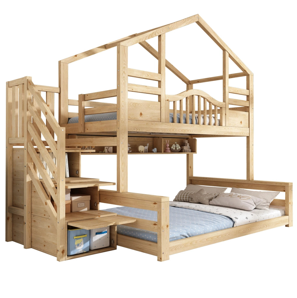 Letto a castello a casetta 90x200 e 140x200 cm con scala contenitore e ripiani
