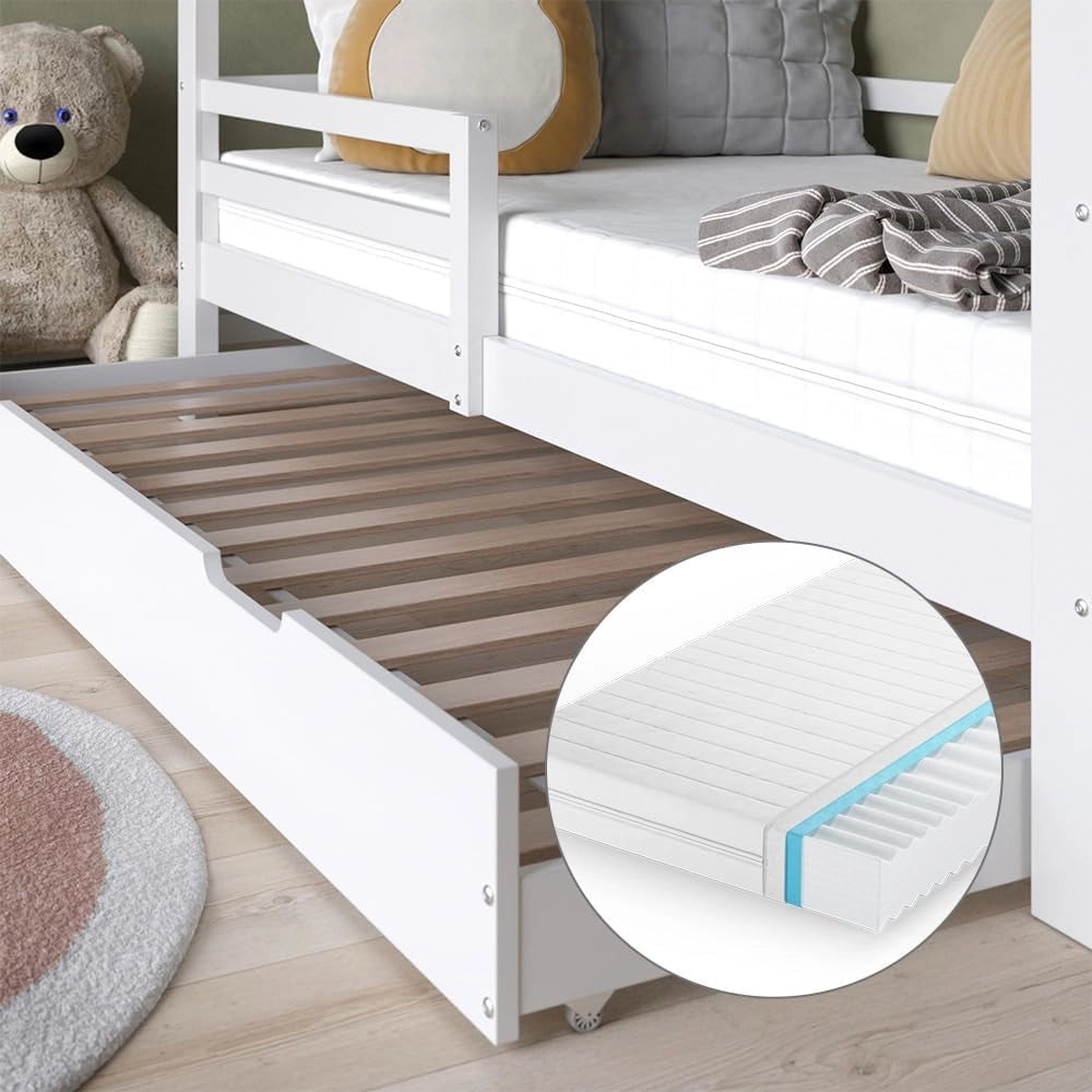 Letto montessori bambini Luni, Bianco, 200 x 90 cm con letto e materasso per ospiti, come una piccola casa per un'atmosfera calda