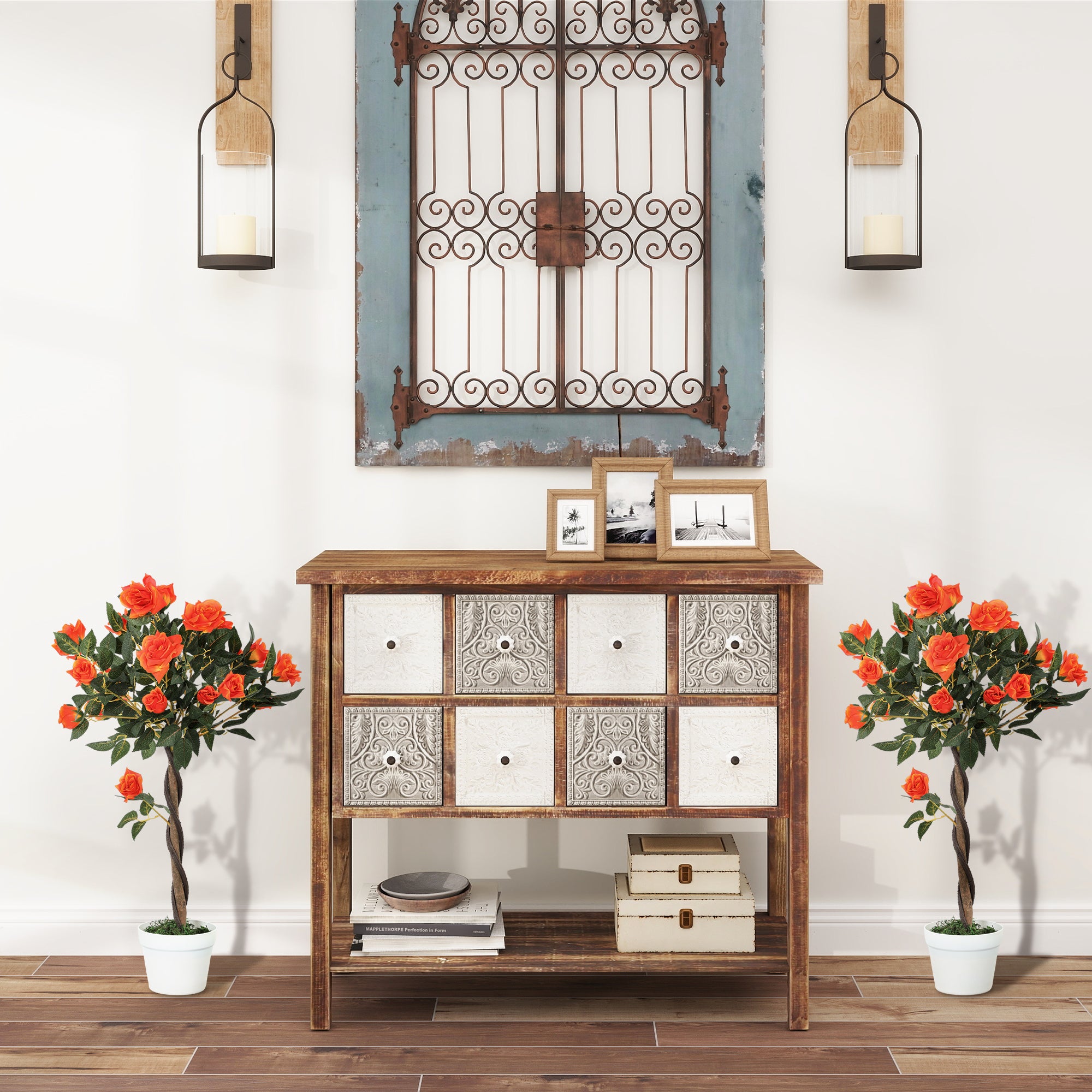 Set 2 Piante Artificiali Camelie con 21 Fiori per Interni con Vaso in PE Arancione