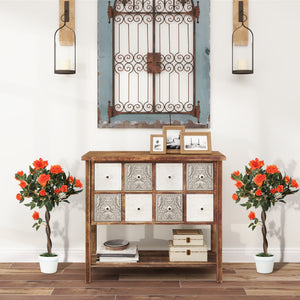 Set 2 Piante Artificiali Camelie con 21 Fiori per Interni con Vaso in PE Arancione