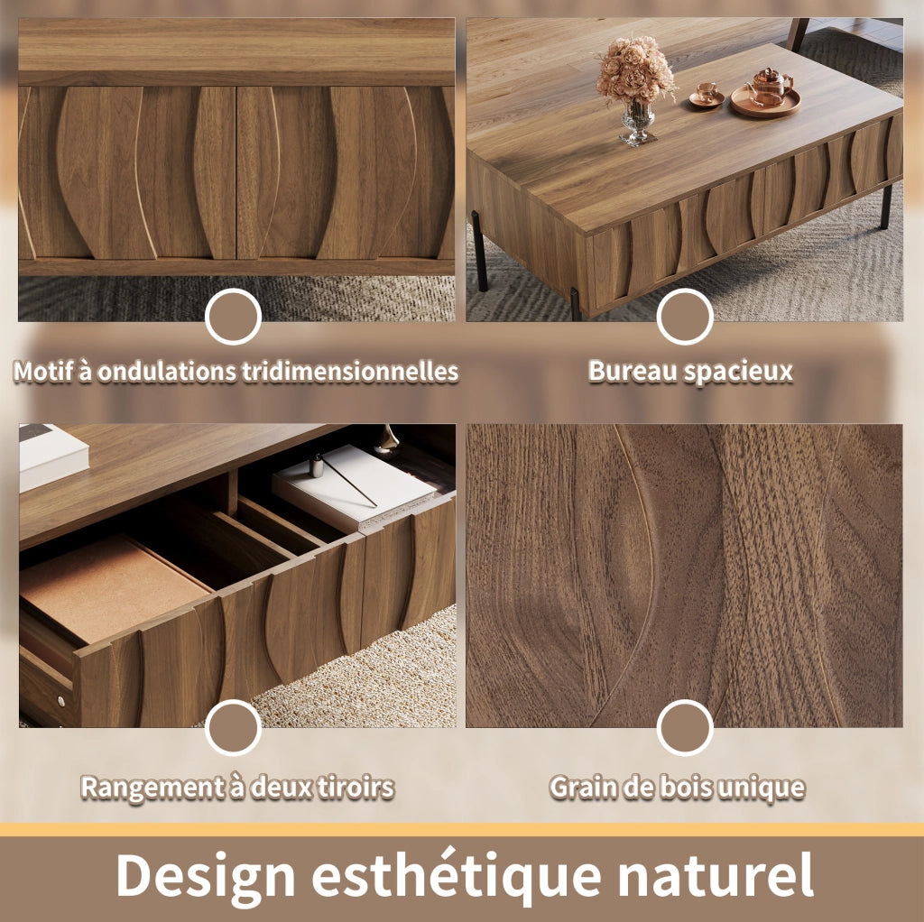 Tavolino da Caffè con 2 Cassetti Ondulati; Stile Vintage; in MDF e Pannello Truciolare; 105×55×41 cm; Naturale