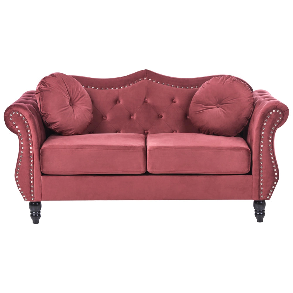 Set soggiorno Velluto rosso 2 posti 3 posti Bottoni con rifiniture a punta trapuntata Cuscini Braccia arrotolate Glam