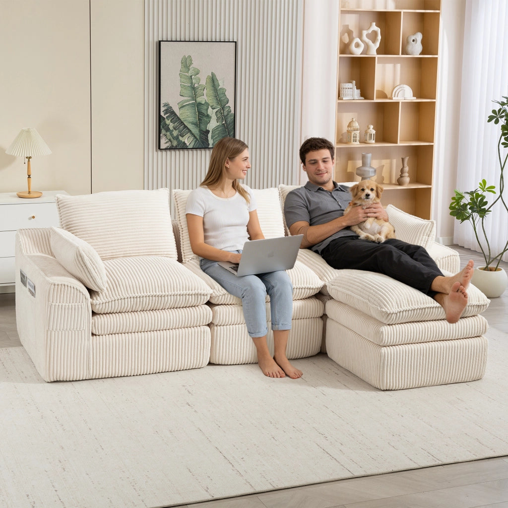 Divano 3 Posti con Poggiapiedi e Cuscini in Tessuto ¨C MINIMAL ¨C Beige