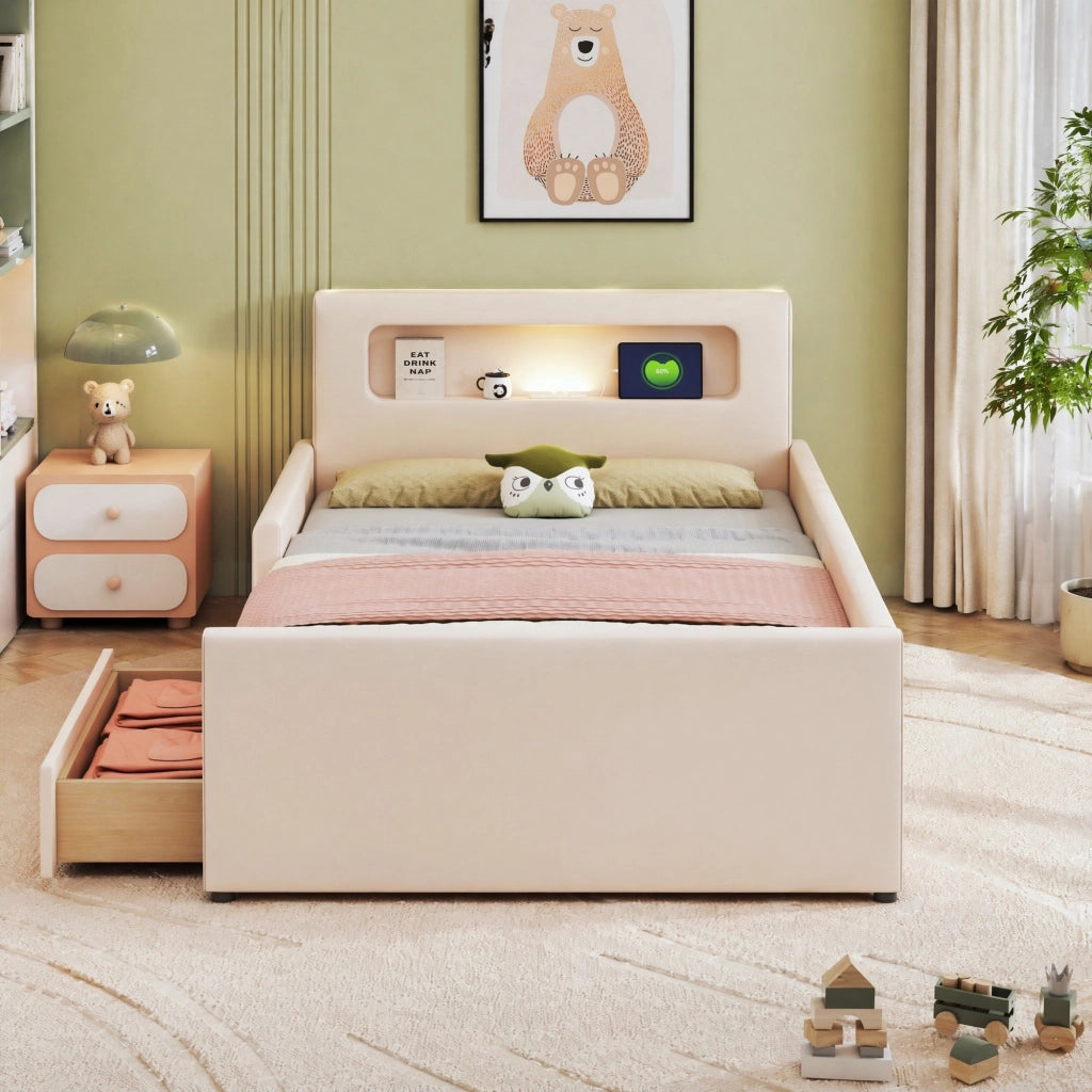 Letto singolo imbottito per bambini 90x200 cm beige con LED e USB