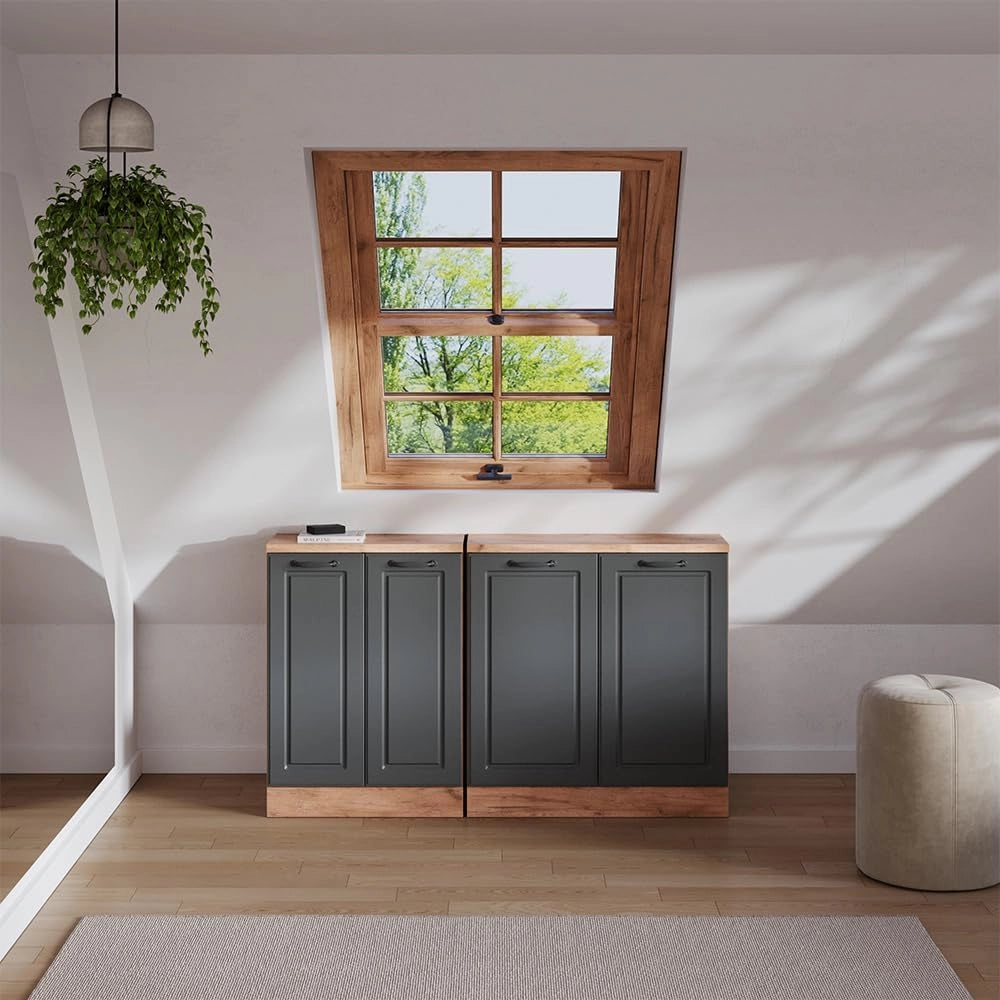 Set di mobili sottotetto Rion, Antracite casa di campagna, 140 cm Set di 2 carcasse armadio profondità 60 cm, adatto per il salvaspazio sotto tetti spioventi