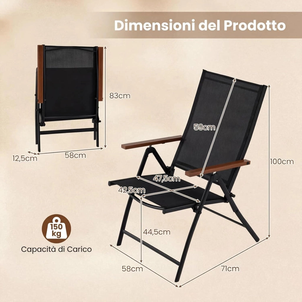 Set di 2/4 Sedie da Giardino Pieghevole, Struttura in Metallo, Poltrona in Tessuto Traspirante, Schienale Regolabile, per Balcone, Giardino, Terrazzo, Portata 150 kg (4,Nero)