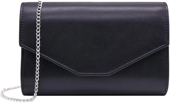 Borsa da sera elegante per donna con catena di spalla e cinturino grande in pelle lucida nera (cod. Zwart-1)