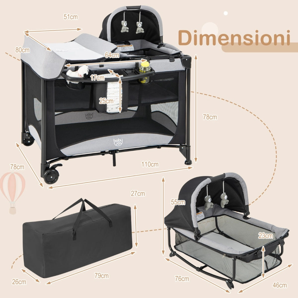 Culla da viaggio pieghevole per neonati con fasciatoio, Lettino a ruote multifunzionale 5 in 1 portata 15kg Nero-Culle