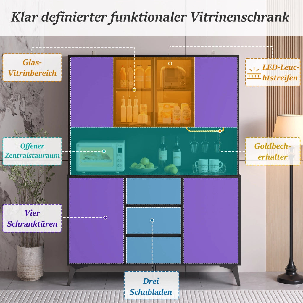 Mobile contenitore con vetrina in vetro, LED da app, 2 ante e 3 cassetti, per cucina e pranzo, 120 × 40 × 160 cm