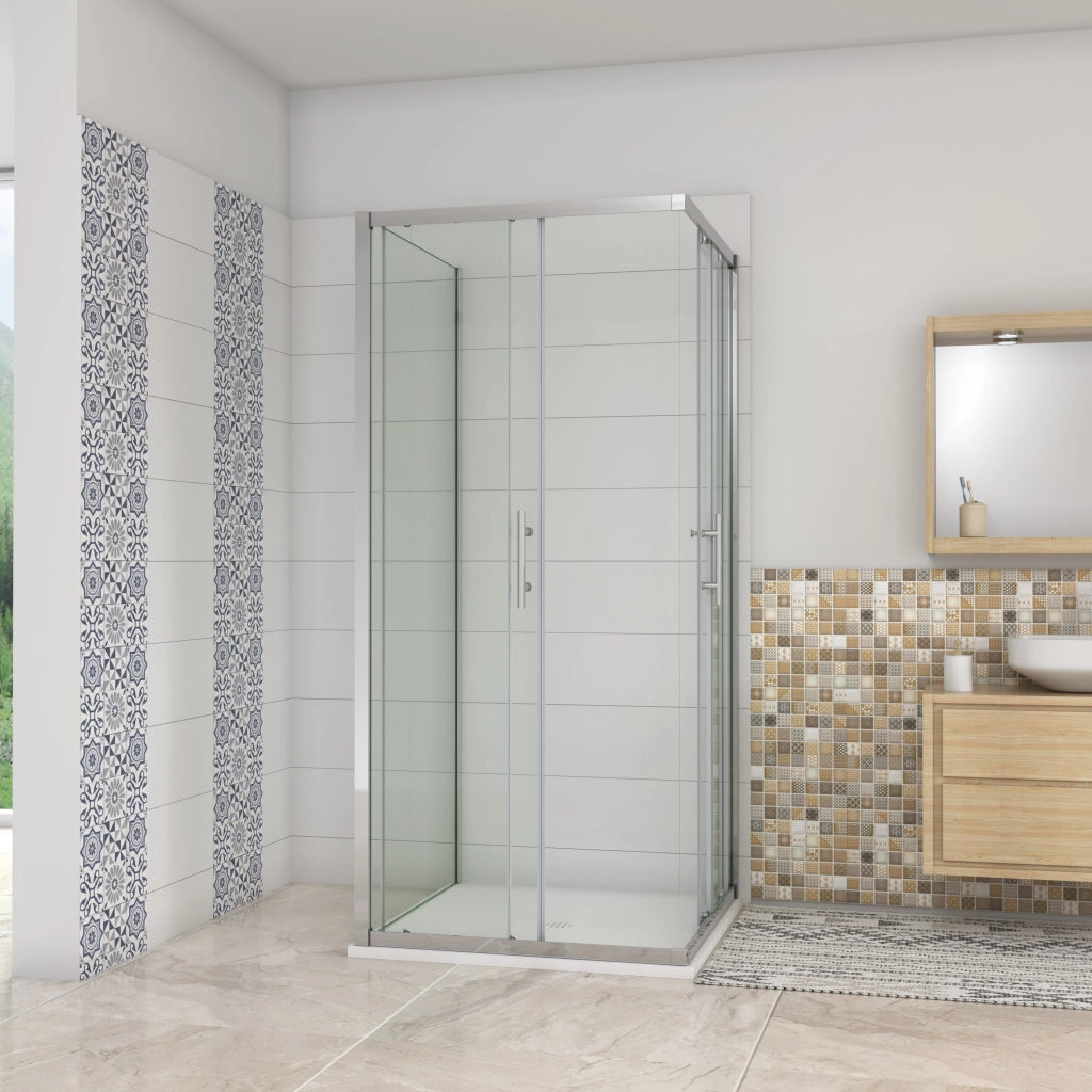 H.195 cm Box Doccia a 3 Lati 90x90x90 cm Porta Scorrevole 90 cm Doppia Parete Fissa da 90 cm in Vetro Trasparente Anticalcare da 6mm Cromato Lucido
