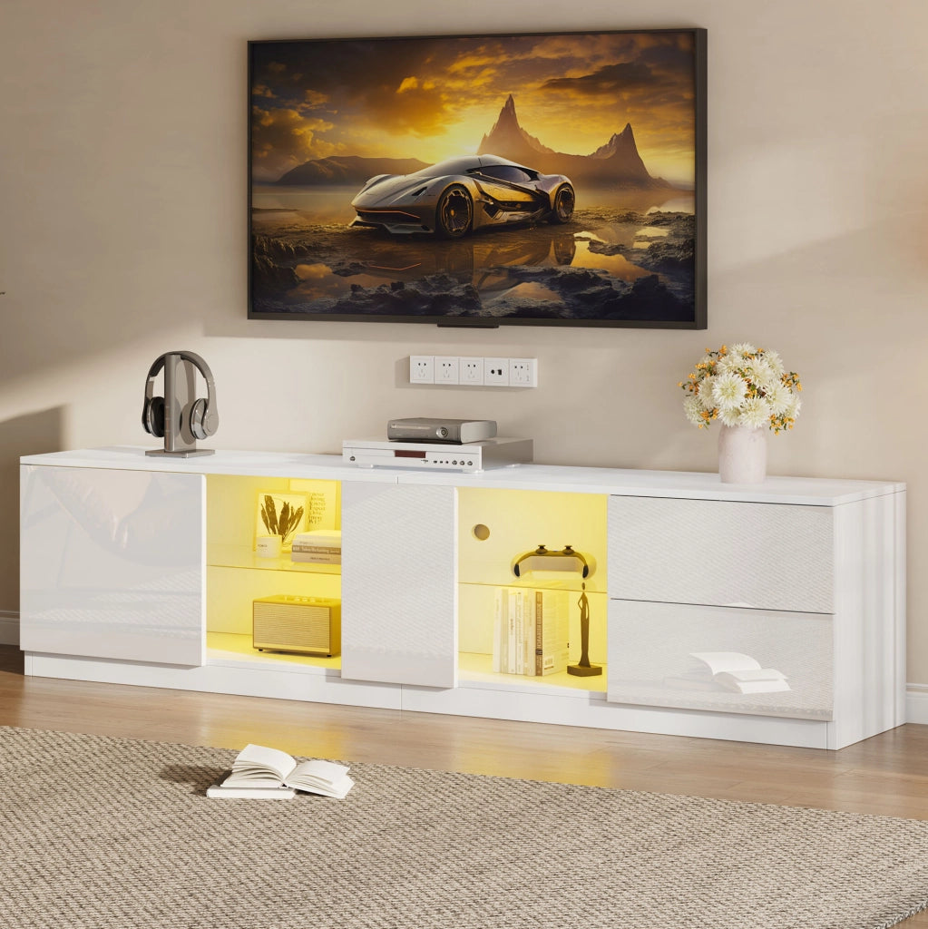 Mobile porta televisore bianco lucido con LED e due cassetti