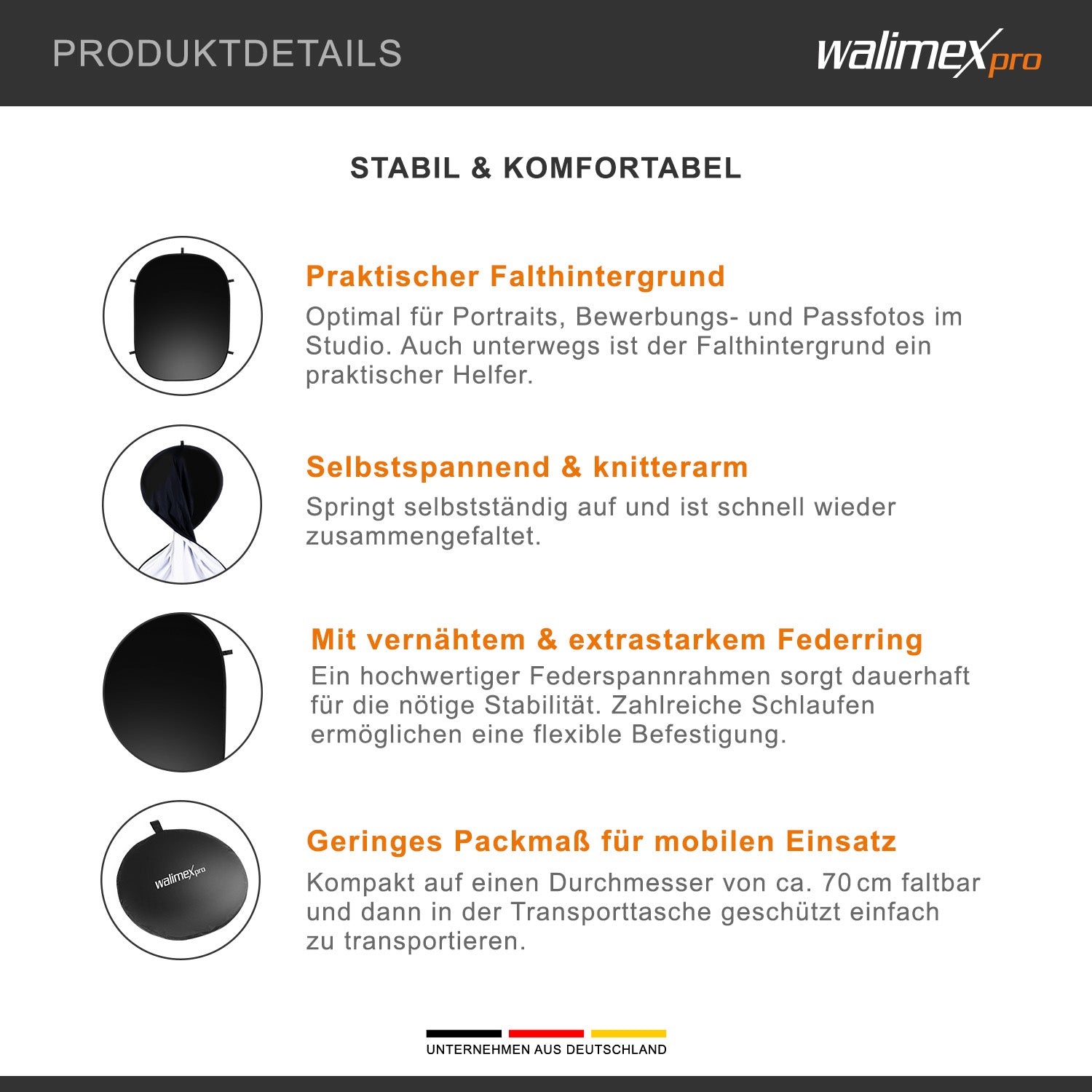 Fondale fotografico pieghevole 2in1 bianco/nero 150 x 200 cm, con moschettoni e borsa da trasporto, per studio fotografia