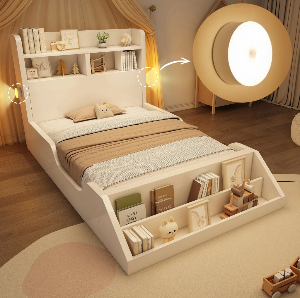 Letto singolo 90x200 cm in legno bianco con luci notturne