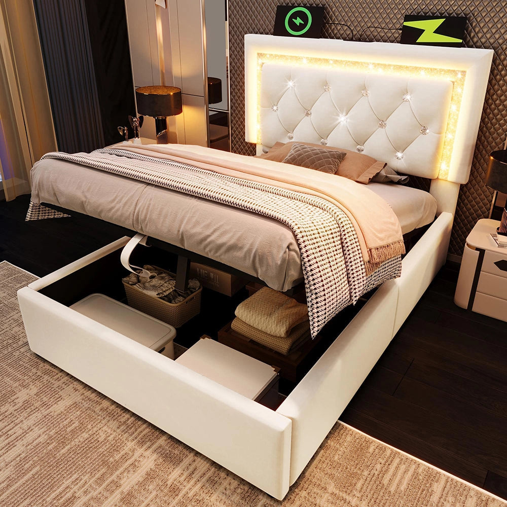 Letto imbottito-Xylo-90x200cm LED diamante USB-C idraulico velluto beige senza materasso