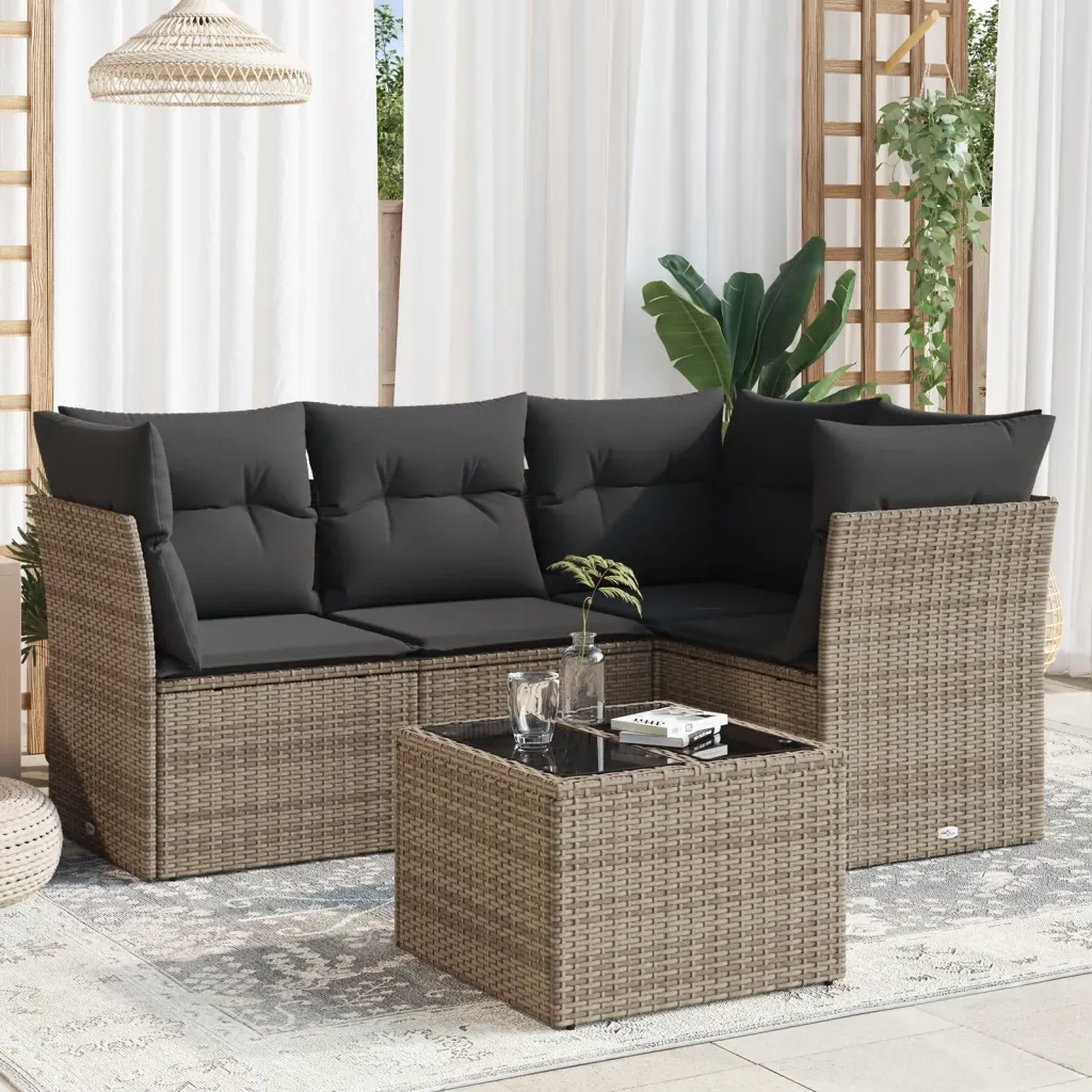 Set Divano da Giardino 5 pz | Set Salotto da Giardino con Cuscini Grigio in Polyrattan