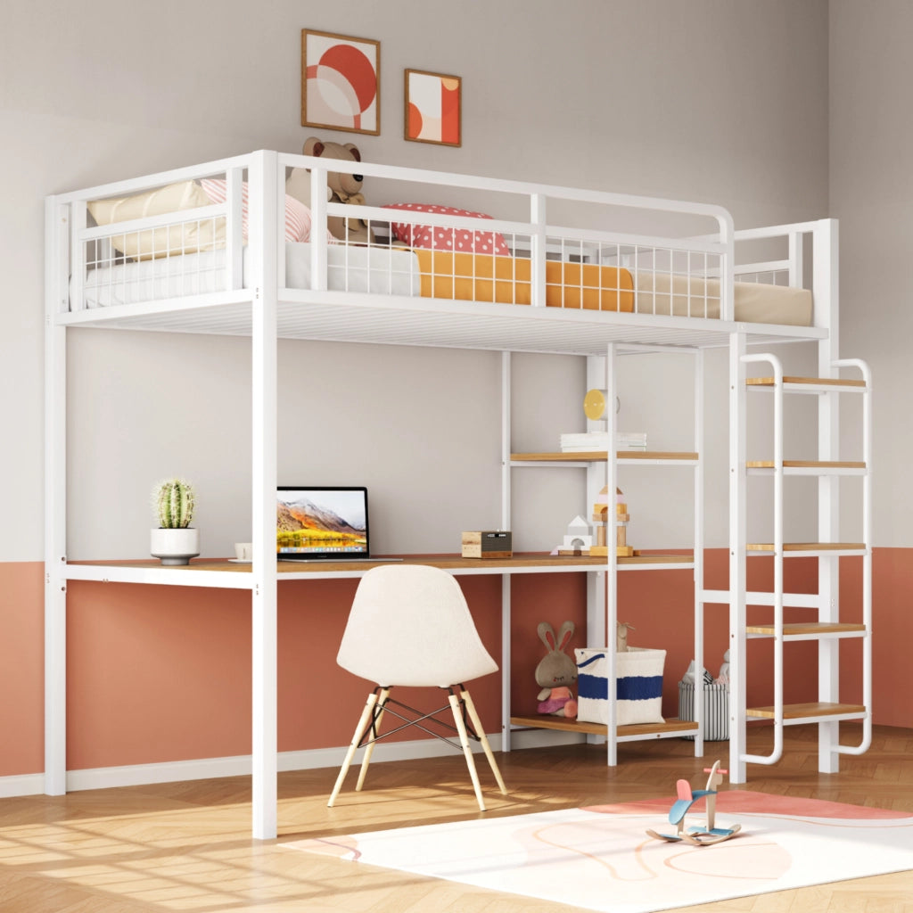 Letto a soppalco in metallo 90x200 cm con scrivania e ripiani; bianco