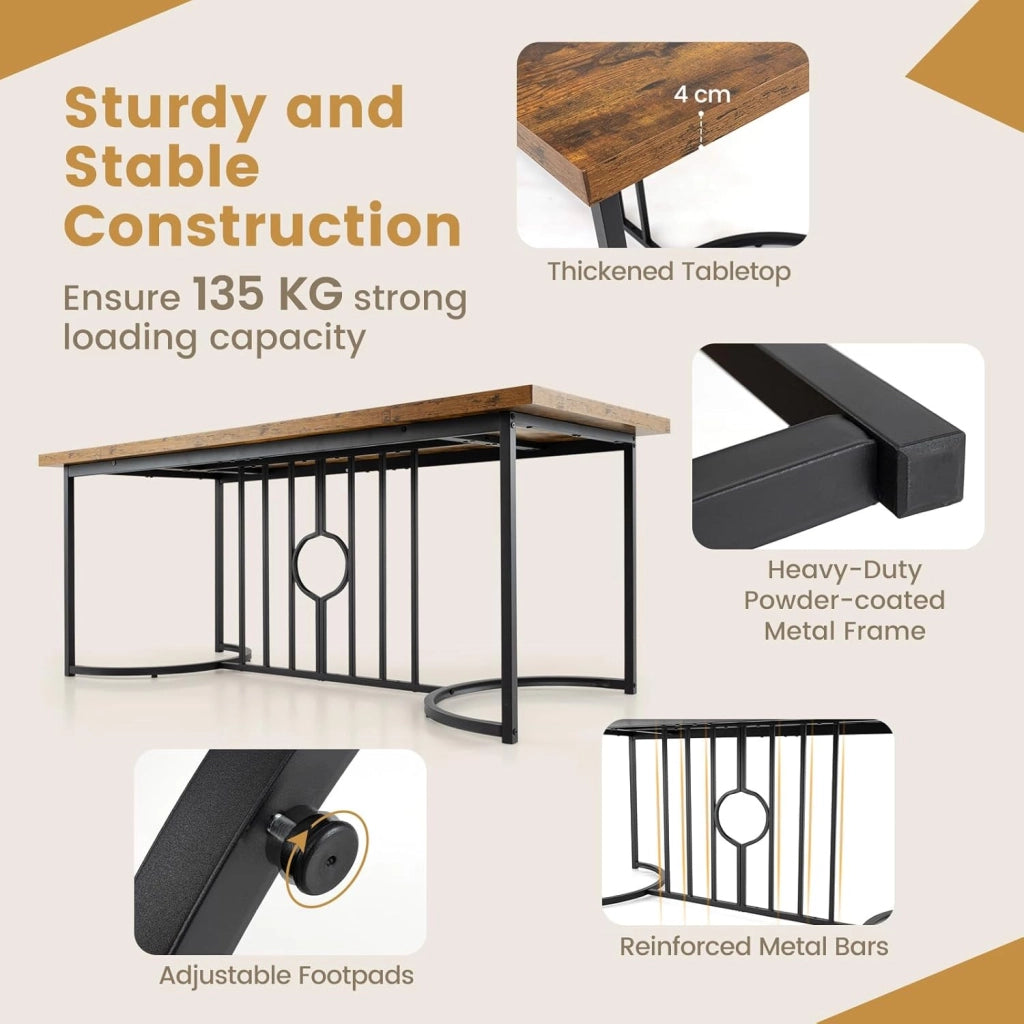 Tavolo da Pranzo da 180 cm per 6-8 Persone, Tavolo Rettangolare con Piano in Stile Legno, Struttura Geometrica in Metallo Robusta, Grande Tavolo da Fattoria per Cucina ed Ufficio