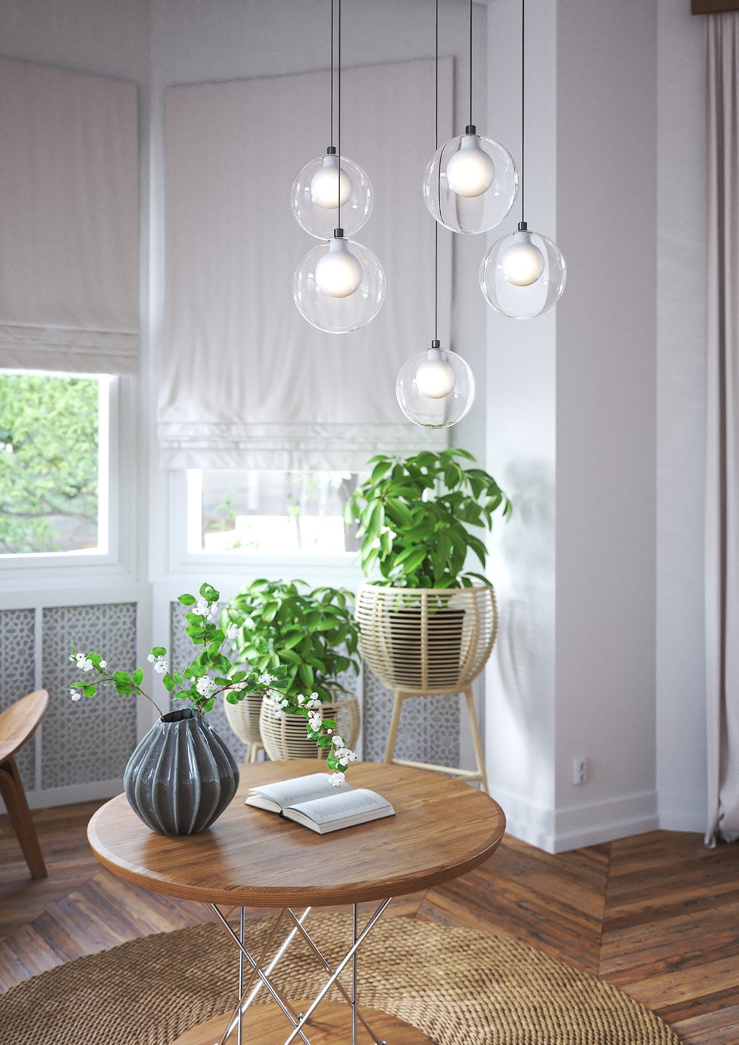 Lampadario Contemporaneo Inside Metallo Cromo Vetro Bianco 5 Luci G9