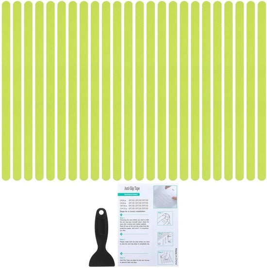 Antislip Stickers per Bagno 38x2 cm, 24 pezzi, Adesivi Antislip per Bagno con Adesivo e Spazzolino per Piscina, Bagno, Piani di Scale, Verde Chloro.