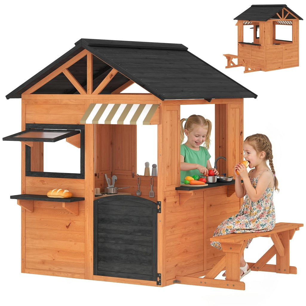 Casetta bambini in legno con cucina giocattolo e panchina ¨C zephmum ¨C marrone