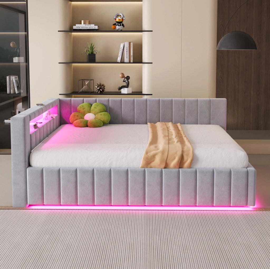 Letto imbottito matrimoniale 140x200 con contenitore; LED e USB; velluto grigio