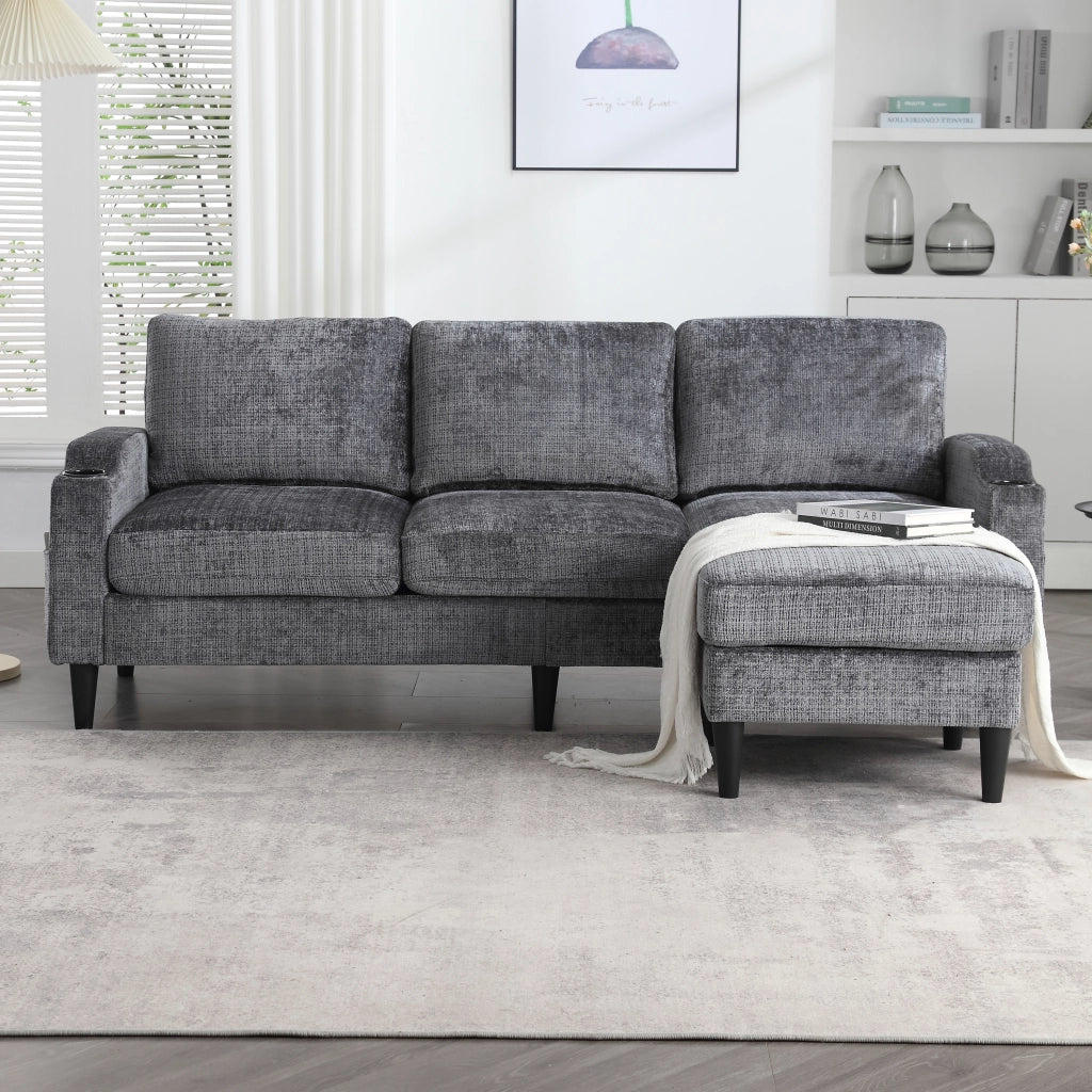Divano 4 Posti con Poggiapiedi e Contenitore ¨C MINIMAL ¨C Velluto, Braccioli, Portabicchieri