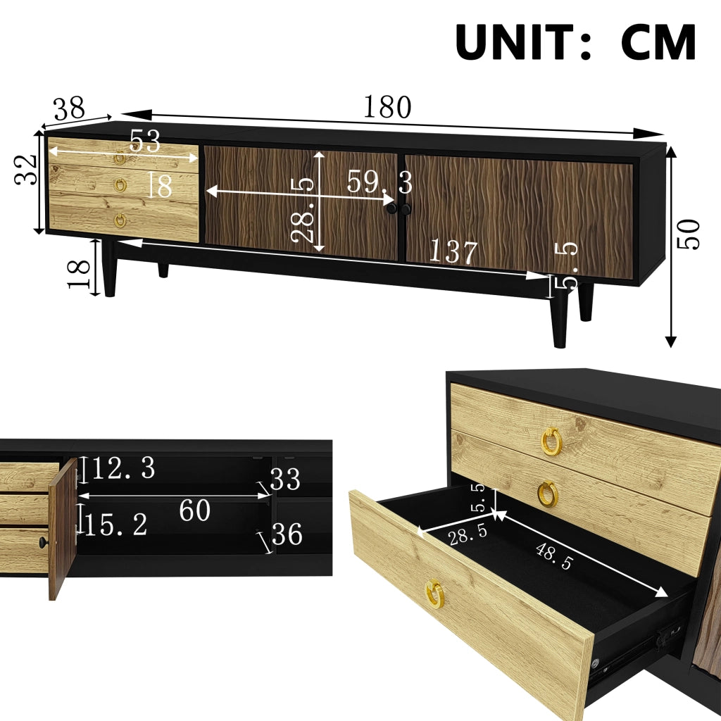 Mobile TV con 2 Ante e 3 Cassetti; Frontali a Motivo Onde; Piedi in Legno Massello; 180??38??50 cm; Nero + Naturale