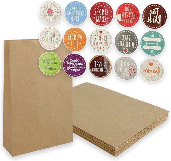 12 Sacchetti di carta kraft con fondo a croce - 17 x 27 cm - 15 adesivi - attività di confezione - sacchetti di regalo - regali - fai da te.
