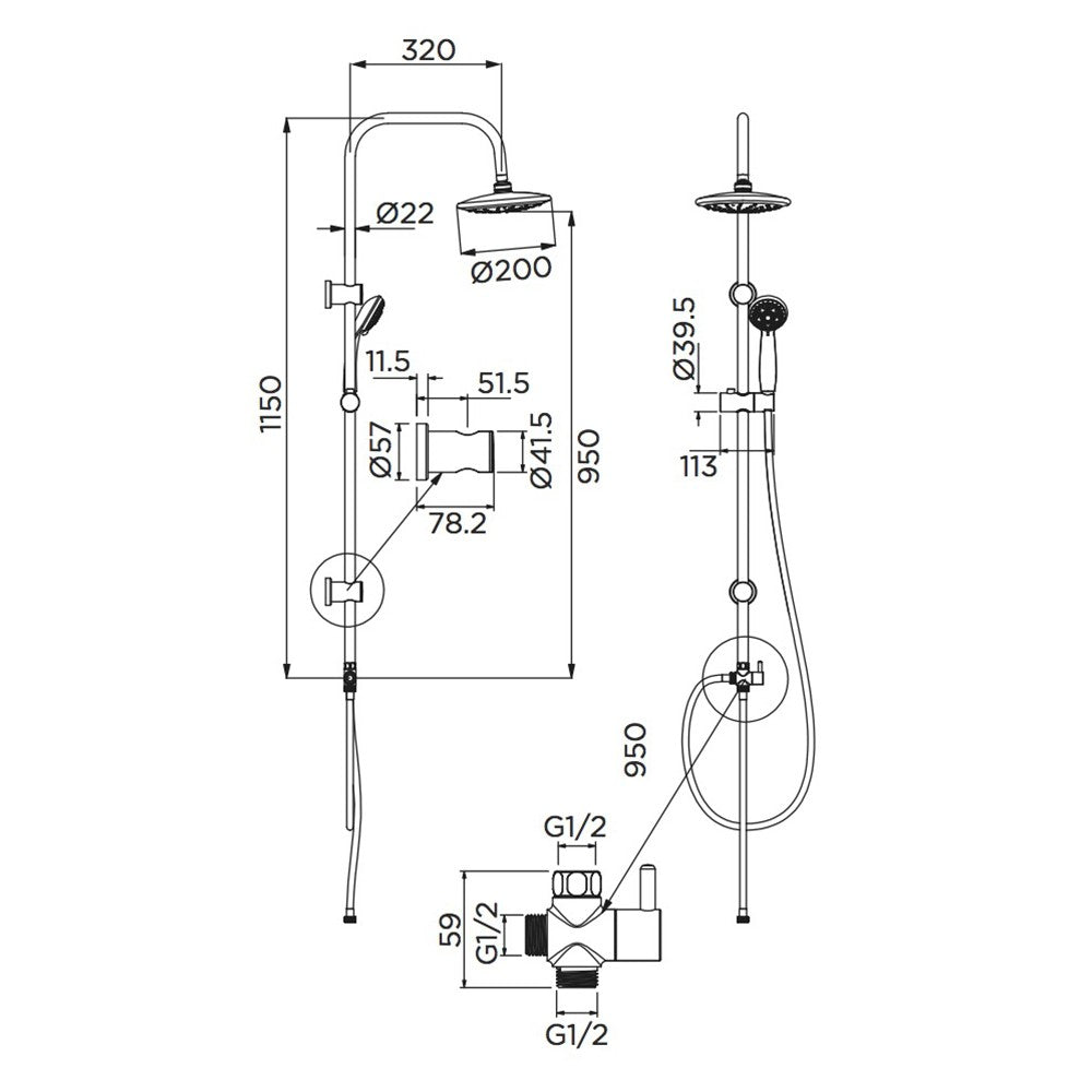Colonna doccia serie airone cromata con soffione 20 cm in abs e doccetta 5 funzioni