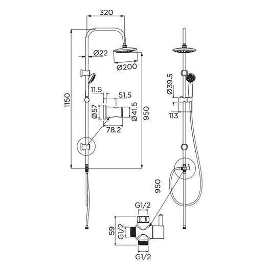 Colonna doccia serie airone cromata con soffione 20 cm in abs e doccetta 5 funzioni