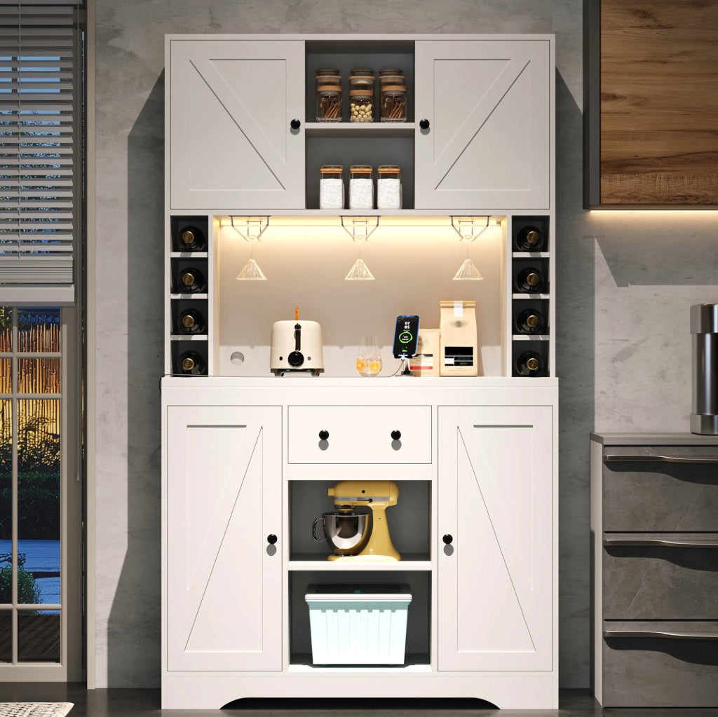Credenza da cucina 105x40x180 cm con LED controllato da app; presa integrata e portabicchieri bianca