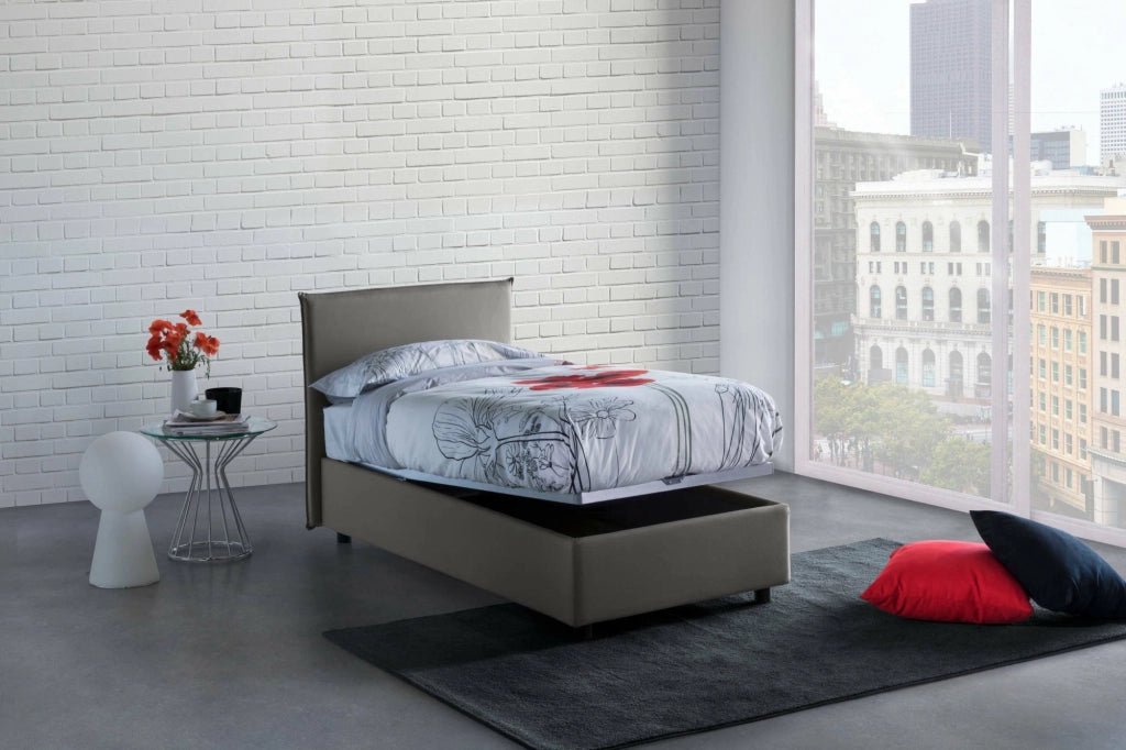 Letto singolo Aquilla, Letto contenitore con rivestimento in tessuto, Made in Italy, Apertura frontale, con materasso cm 80x190 incluso, Grigio
