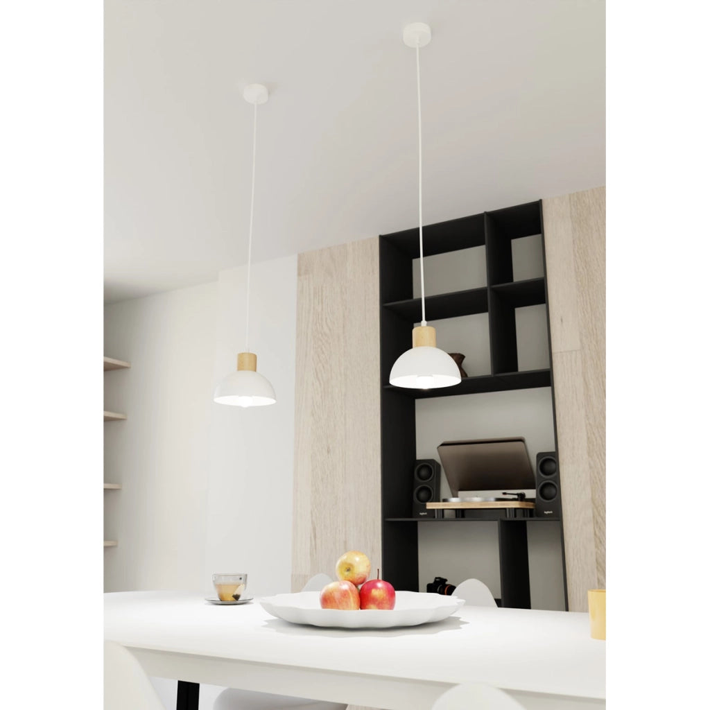 Lampada a sospensione Seco in acciaio bianco e legno