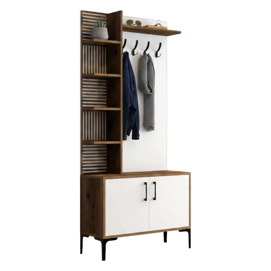 Mobile da ingresso Anja, Entratina appendiabiti, Composizione per atrio, Consolle portaoggetti multifunzione, 90x35h200 cm, Noce e Bianco