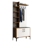 Mobile da ingresso Anja, Entratina appendiabiti, Composizione per atrio, Consolle portaoggetti multifunzione, 90x35h200 cm, Noce e Bianco