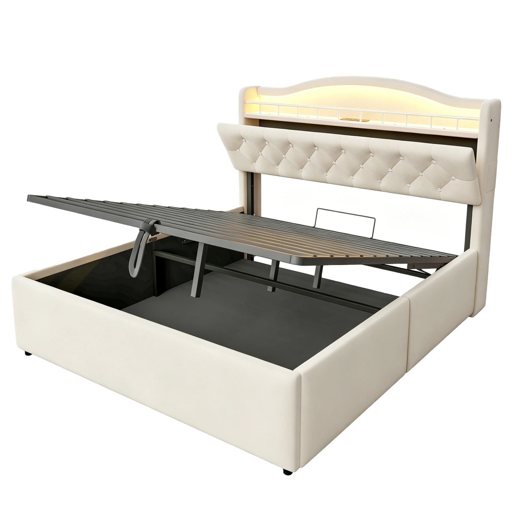 Letto contenitore matrimoniale con USB; USB-C; vani testata e LED 140 × 200 cm; senza materasso