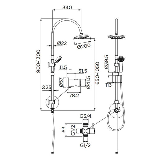 Colonna doccia serie gru con soffione di diametro 20 cm e doccino 5 funzioni