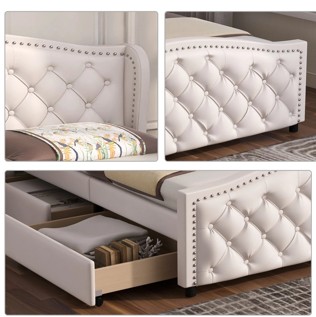Letto imbottito 140x200 cm bianco in PU con 2 cassetti