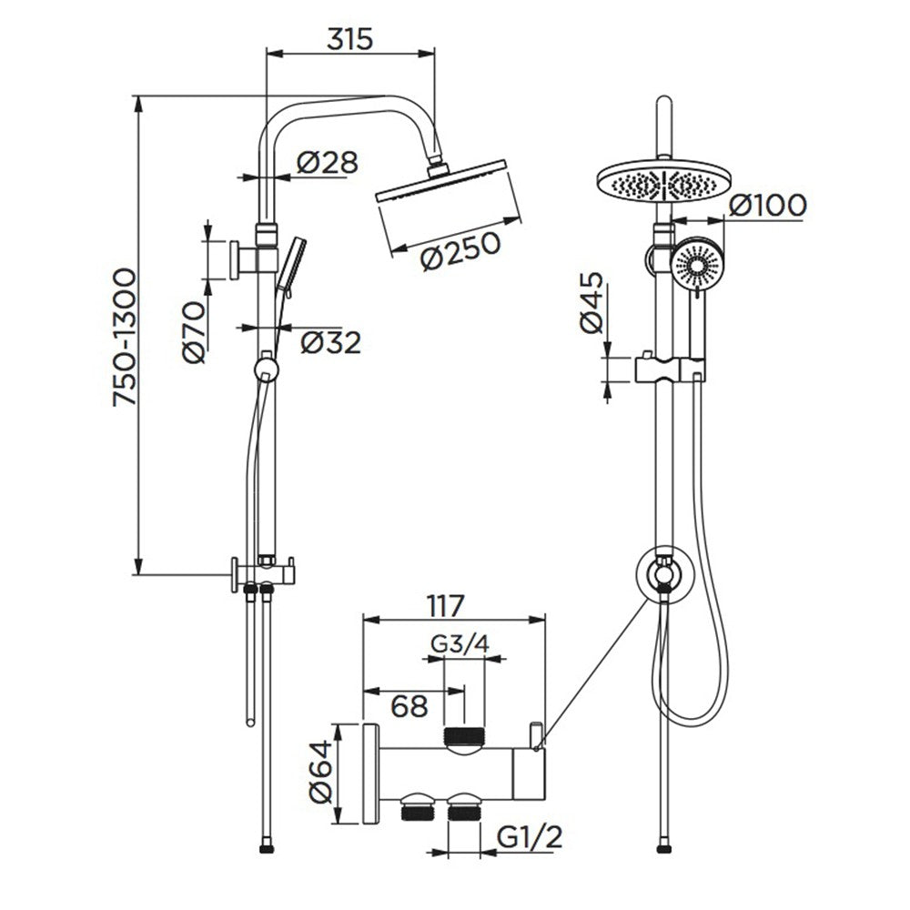 Colonna doccia tonda serie malva con soffione in abs