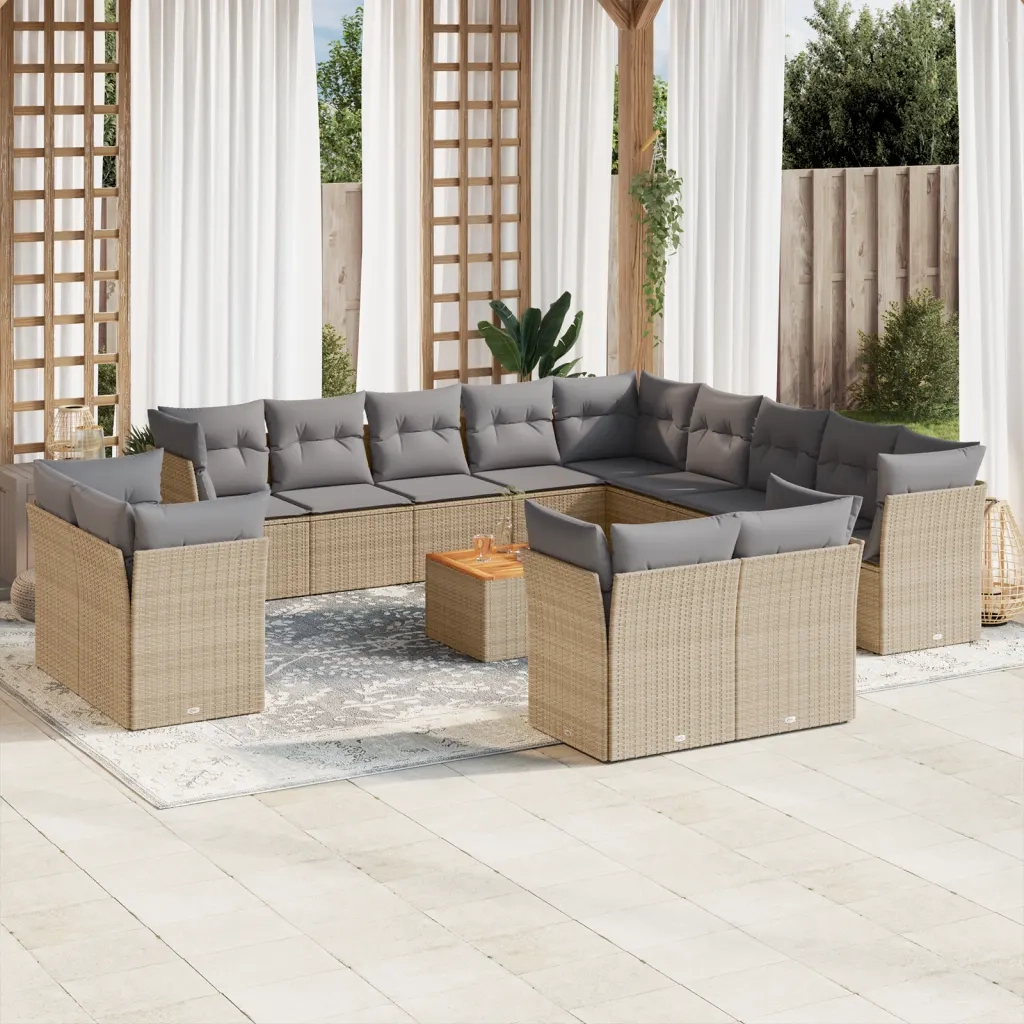 Set Divano da Giardino 14 pz con Cuscini Beige Misto Polyrattan