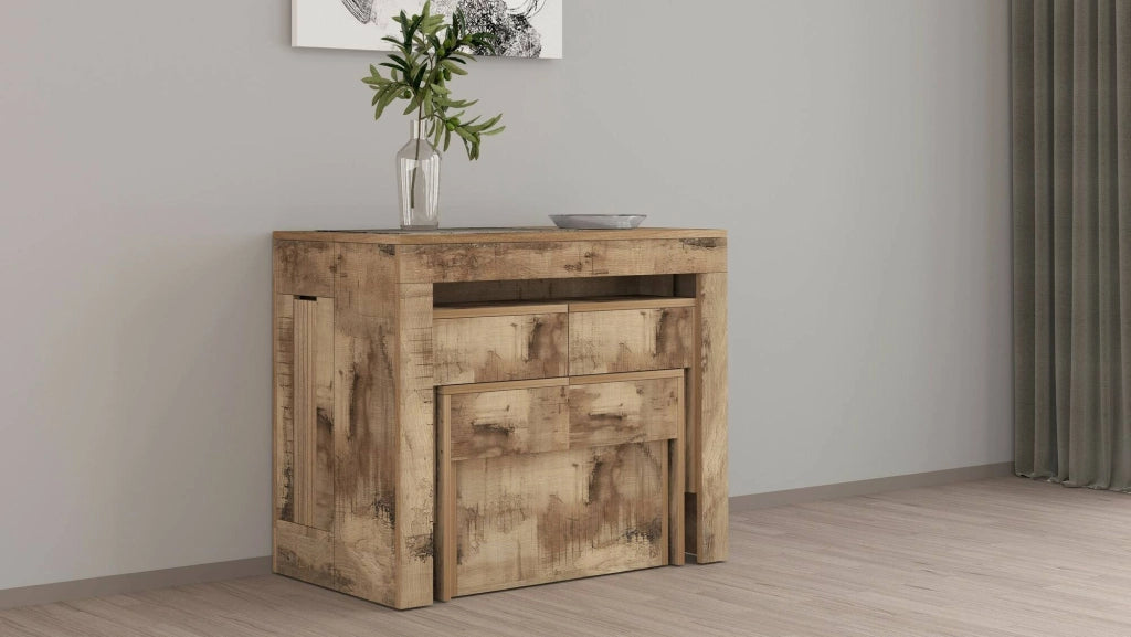 Set tavolo e sedie Auditore, Composizione multiuso, Set con consolle e 2 panche allungabili, 100% Made in Italy, 66x25h45 cm, Acero