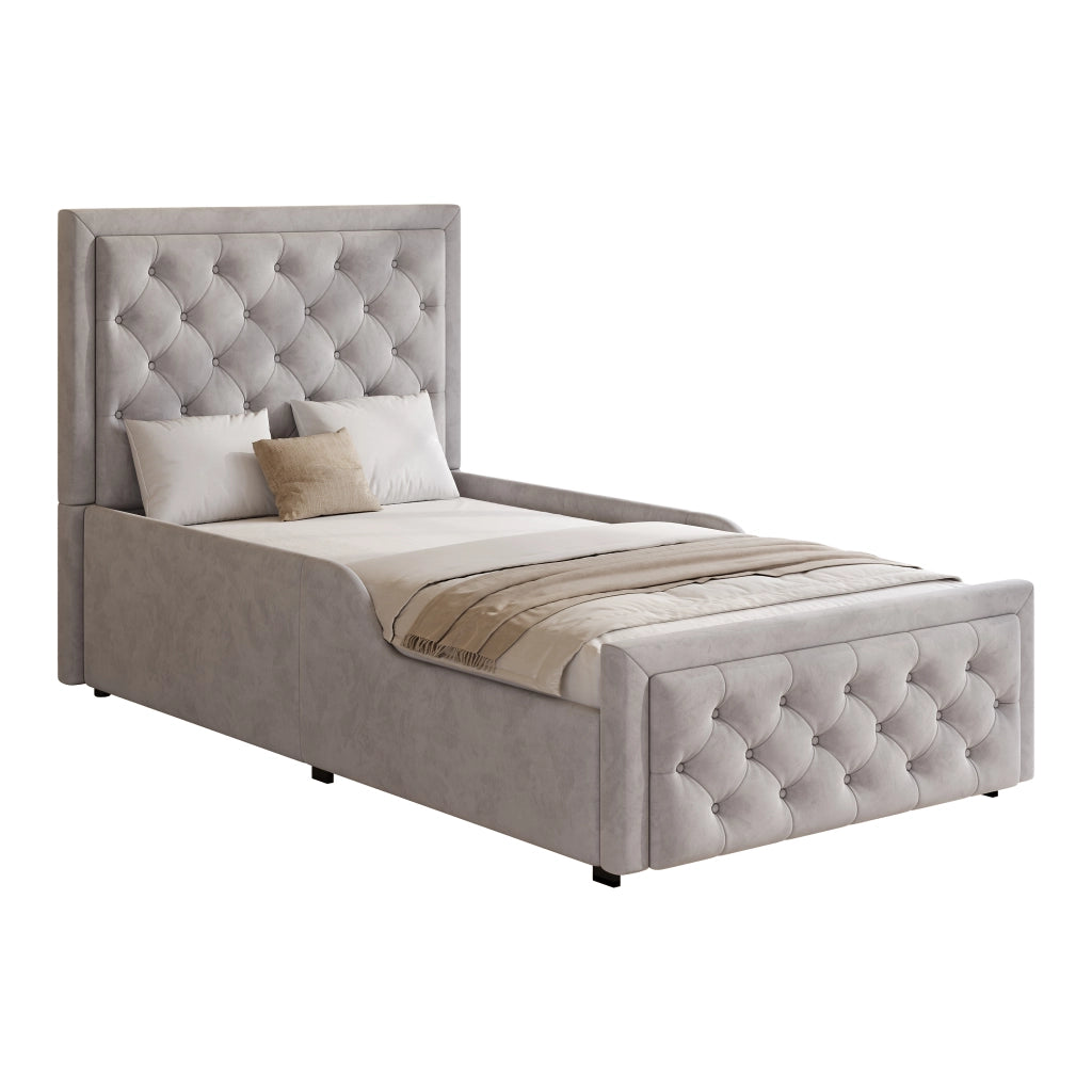 Letto per bambini imbottito 90x200 cm in velluto grigio con contenitore, rete a doghe e testiera trapuntata