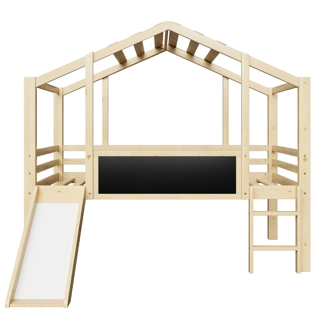 Letto a soppalco per bambini 90x200 cm in legno massiccio; stile casetta con scivolo e lavagna; naturale