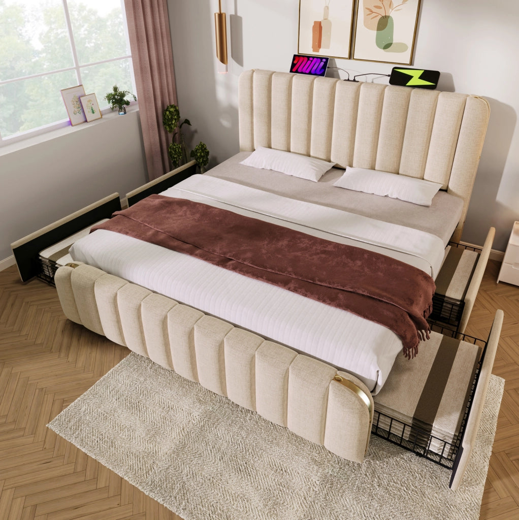 Letto matrimoniale 180x200 cm in lino beige con testiera imbottita; USB e 4 cassetti