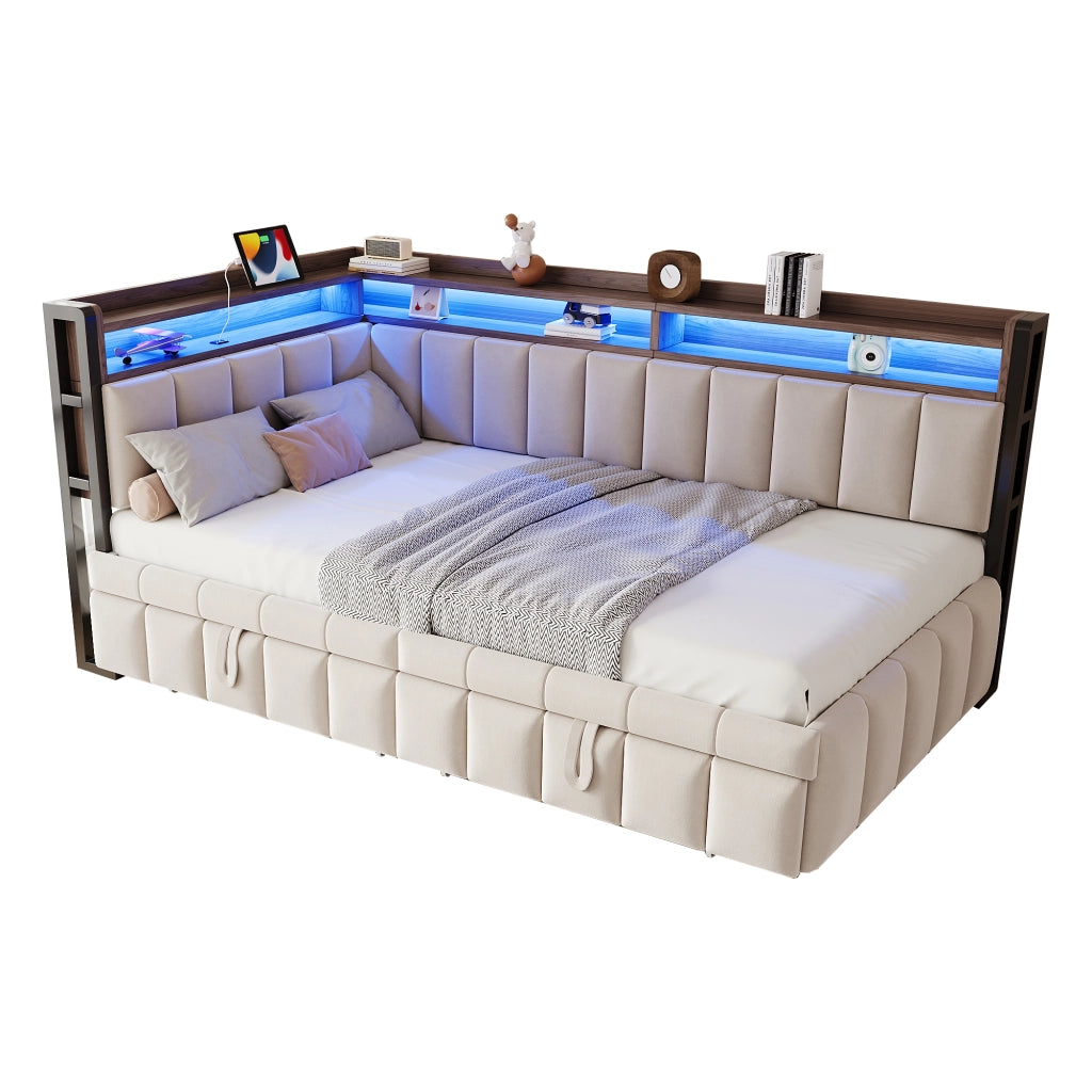 DESMIU Divano letto 90 × 200 cm con letto estraibile, LED regolabile, USB e Type-C, senza materasso, beige