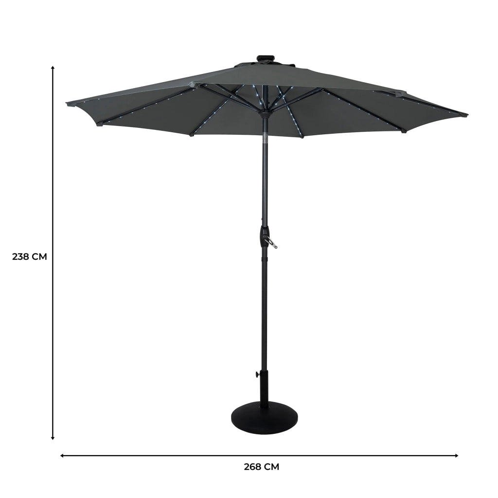 Ombrellone LED Inclinabile 2,7m Grigio con Base e Luci Solari
