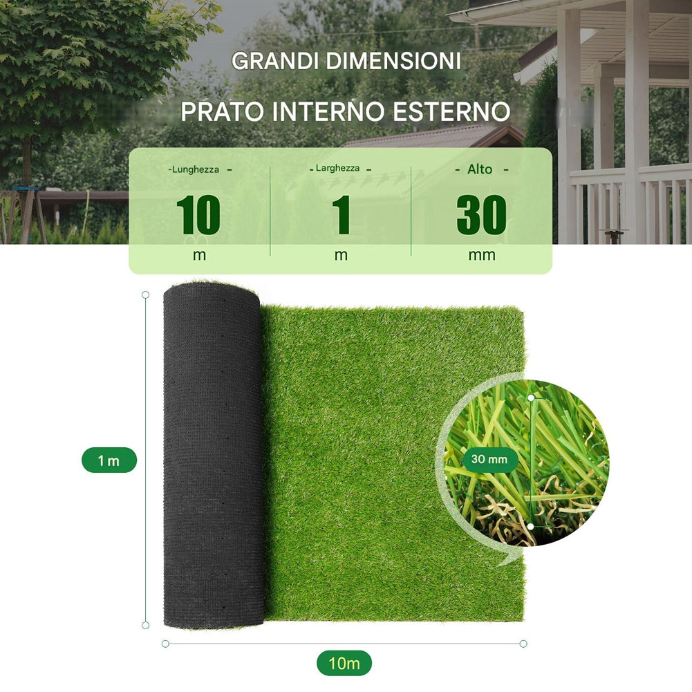 Prato sintetico Manto erboso erba finta Realistica per esterno 30mm 1x10 Mt 10Mq